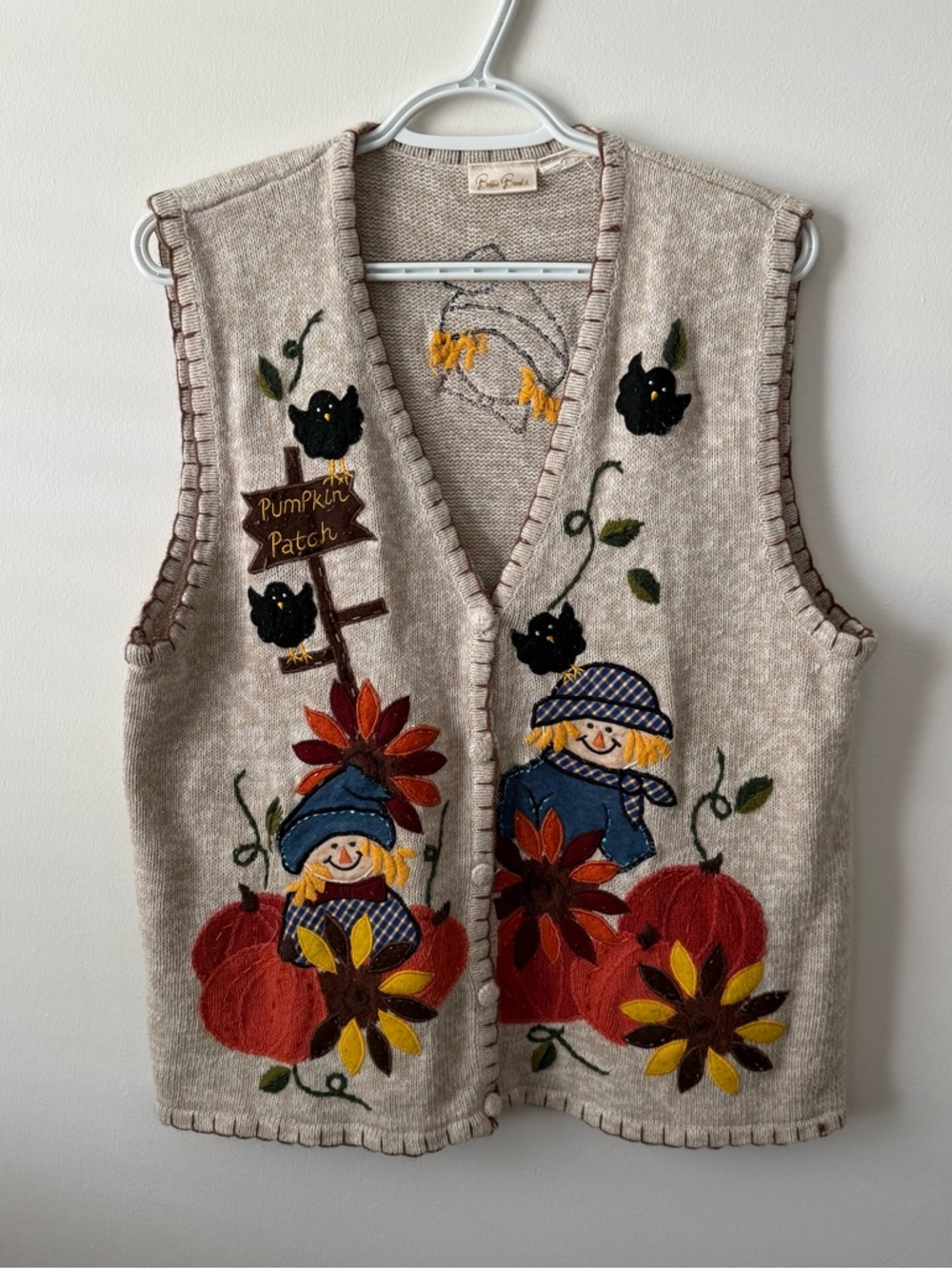 Vintage 90s Bobbie Brooks Vest L/XL Fall Pumpkin Patch Embroidery Beaded Fun
